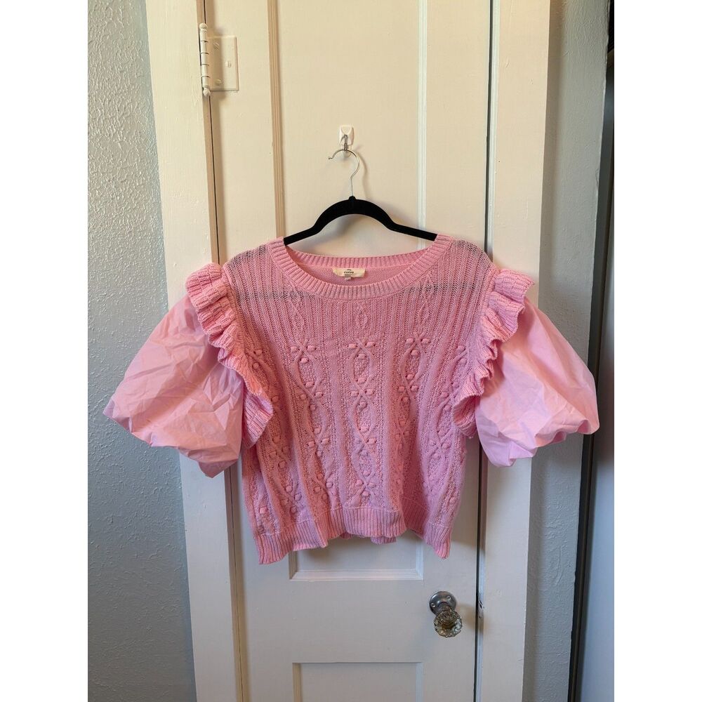 L Pink Puff Sleeve Cable Knit Sweater Top Mixed Media Ruffle Coquette Romantic